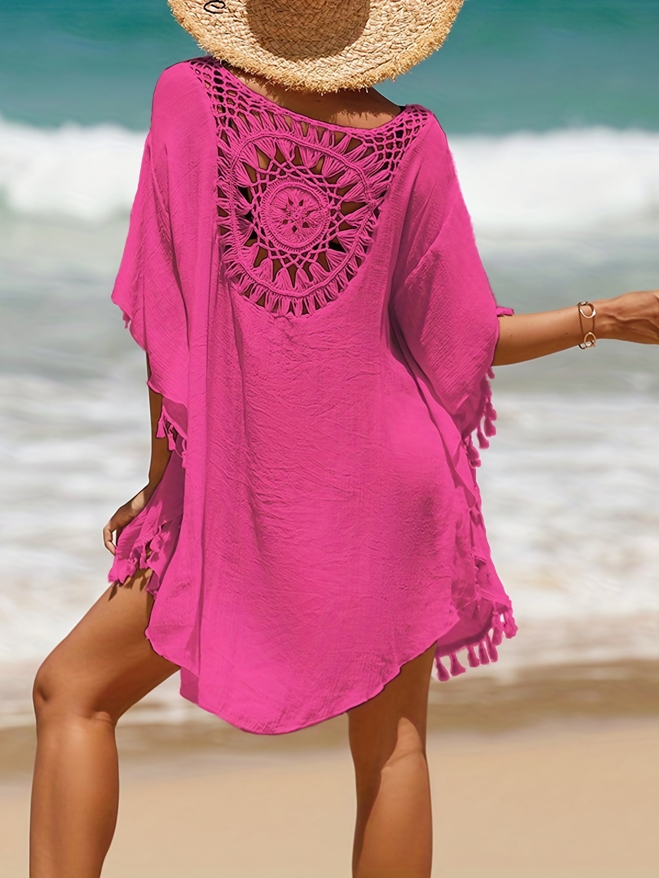 Hollow Out Crochet Tassel Trim Boho Cover Up Dress, Solid Color Batwing Sleeve Loose Beach Kaftan, Women's Swimwear & Clothing for carnival & Music Festival For Holiday