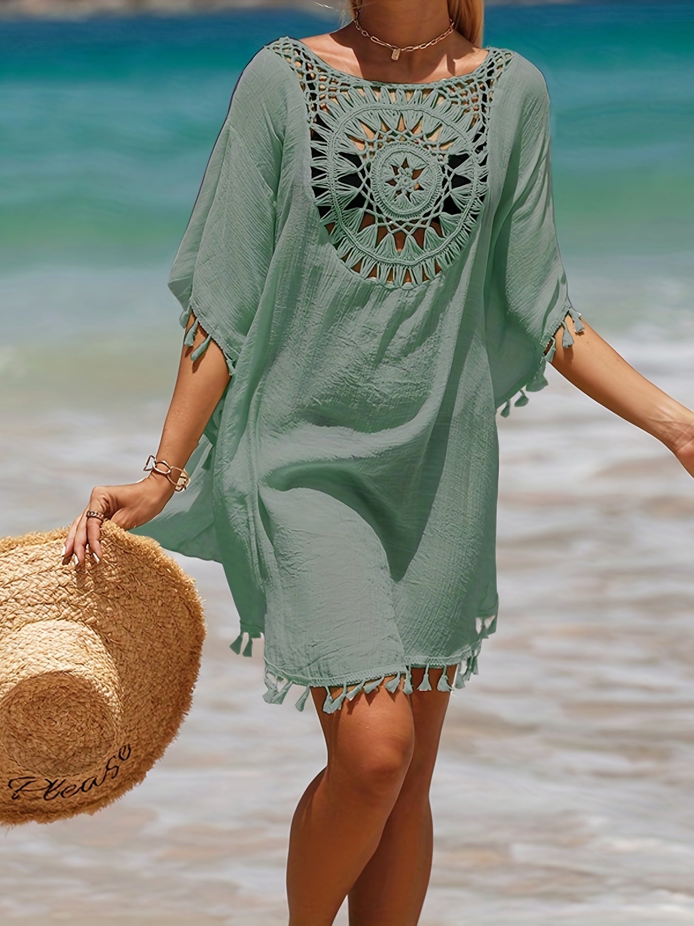 Bohemian Chic Crochet Cover Up Shirt - Round Neck, Tassel Embellished, Loose & Flowy Swimwear for Women - Perfect Festival Wear, Beach Cover Up, Carnival & Summer Holidays