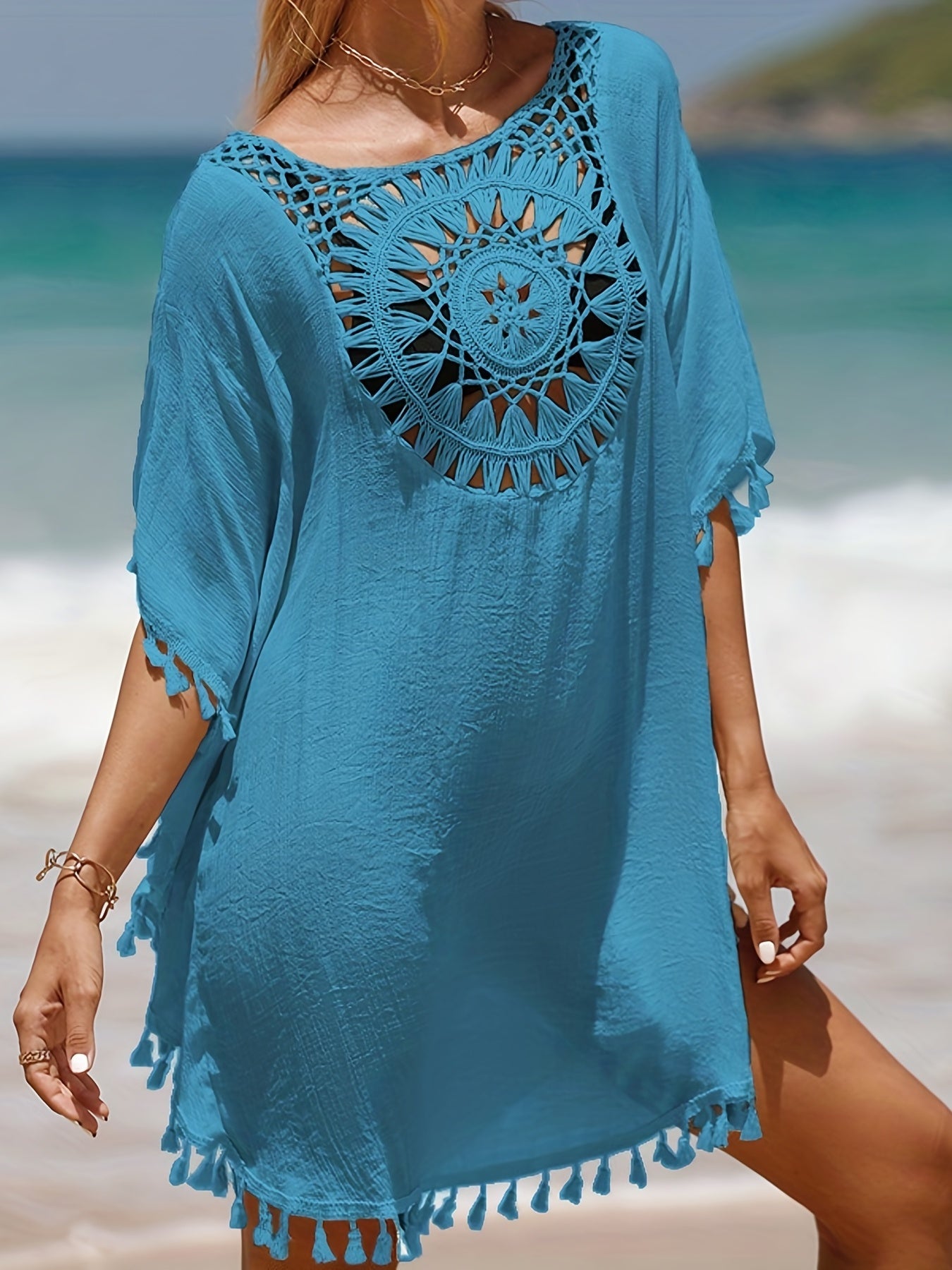 Hollow Out Crochet Tassel Trim Boho Cover Up Dress, Solid Color Batwing Sleeve Loose Beach Kaftan, Women's Swimwear & Clothing for carnival & Music Festival For Holiday