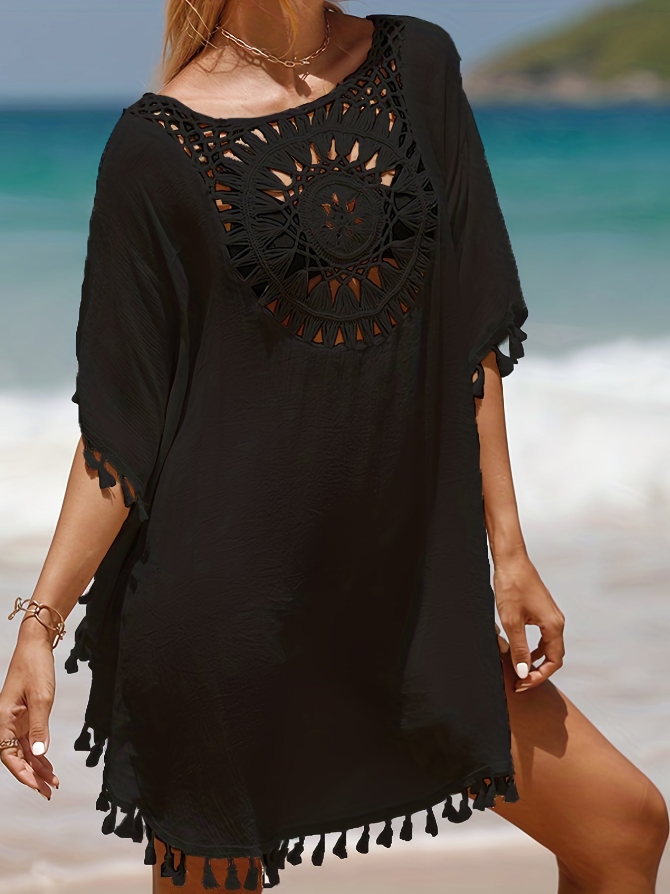 Hollow Out Crochet Tassel Trim Boho Cover Up Dress, Solid Color Batwing Sleeve Loose Beach Kaftan, Women's Swimwear & Clothing for carnival & Music Festival For Holiday