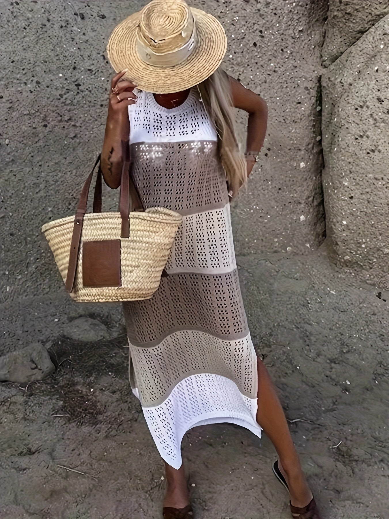 Chic Contrast Color Split Dress - Round Neck Knitted Beach Cover Up with Intricate Hollow Out - Bikini-Free Vacation Wear for Women