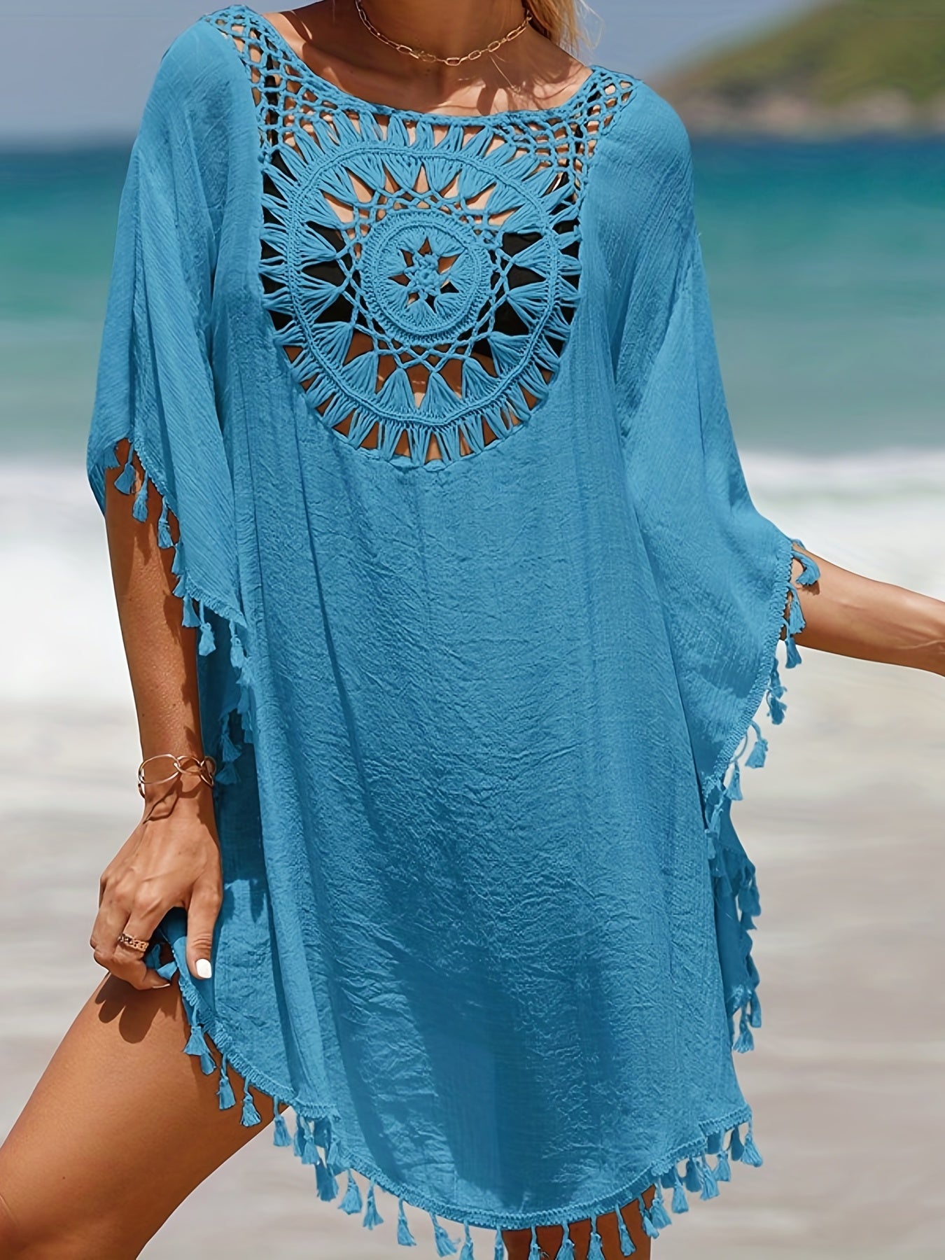 Bohemian Chic Crochet Cover Up Shirt - Round Neck, Tassel Embellished, Loose & Flowy Swimwear for Women - Perfect Festival Wear, Beach Cover Up, Carnival & Summer Holidays