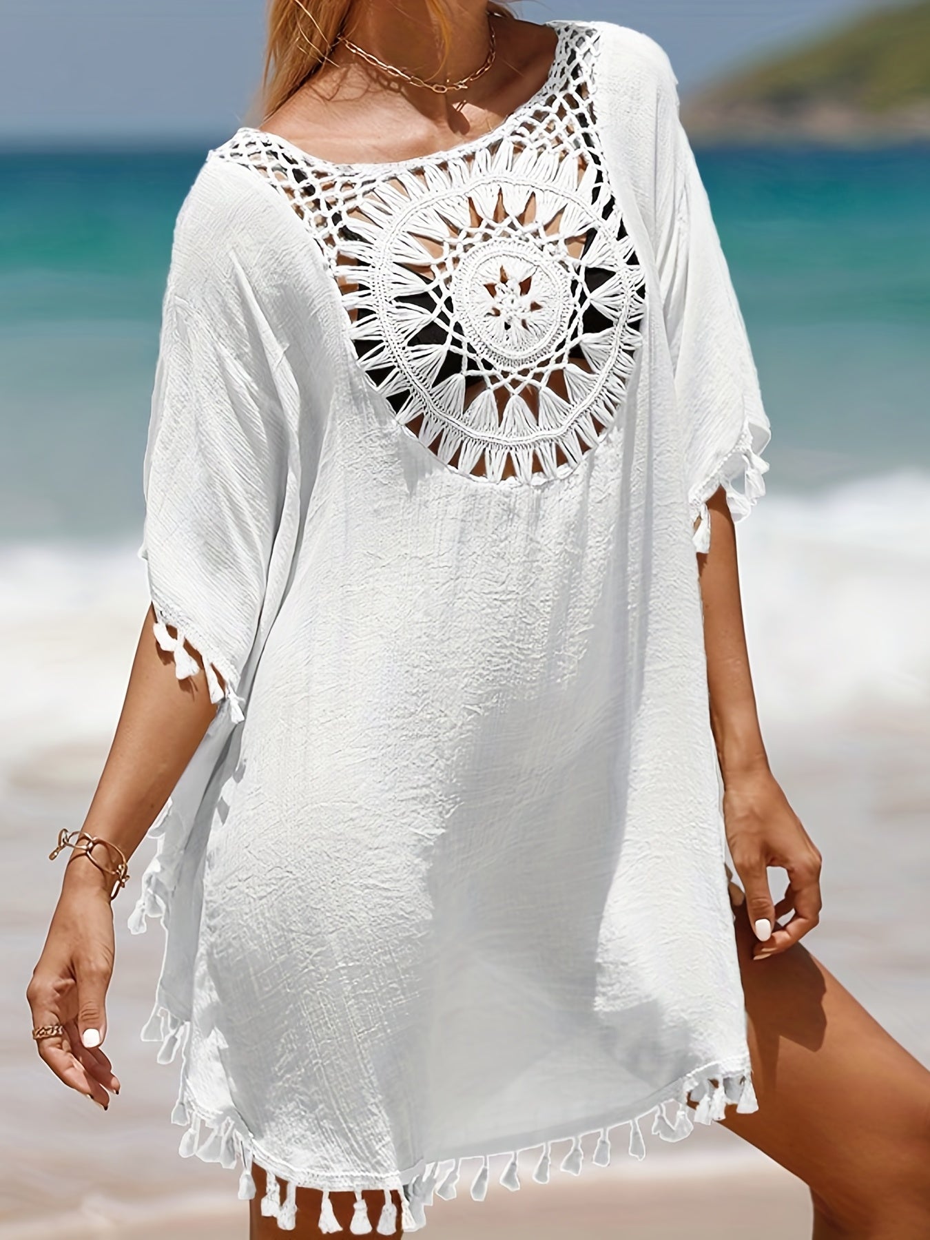 Hollow Out Crochet Tassel Trim Boho Cover Up Dress, Solid Color Batwing Sleeve Loose Beach Kaftan, Women's Swimwear & Clothing for carnival & Music Festival For Holiday