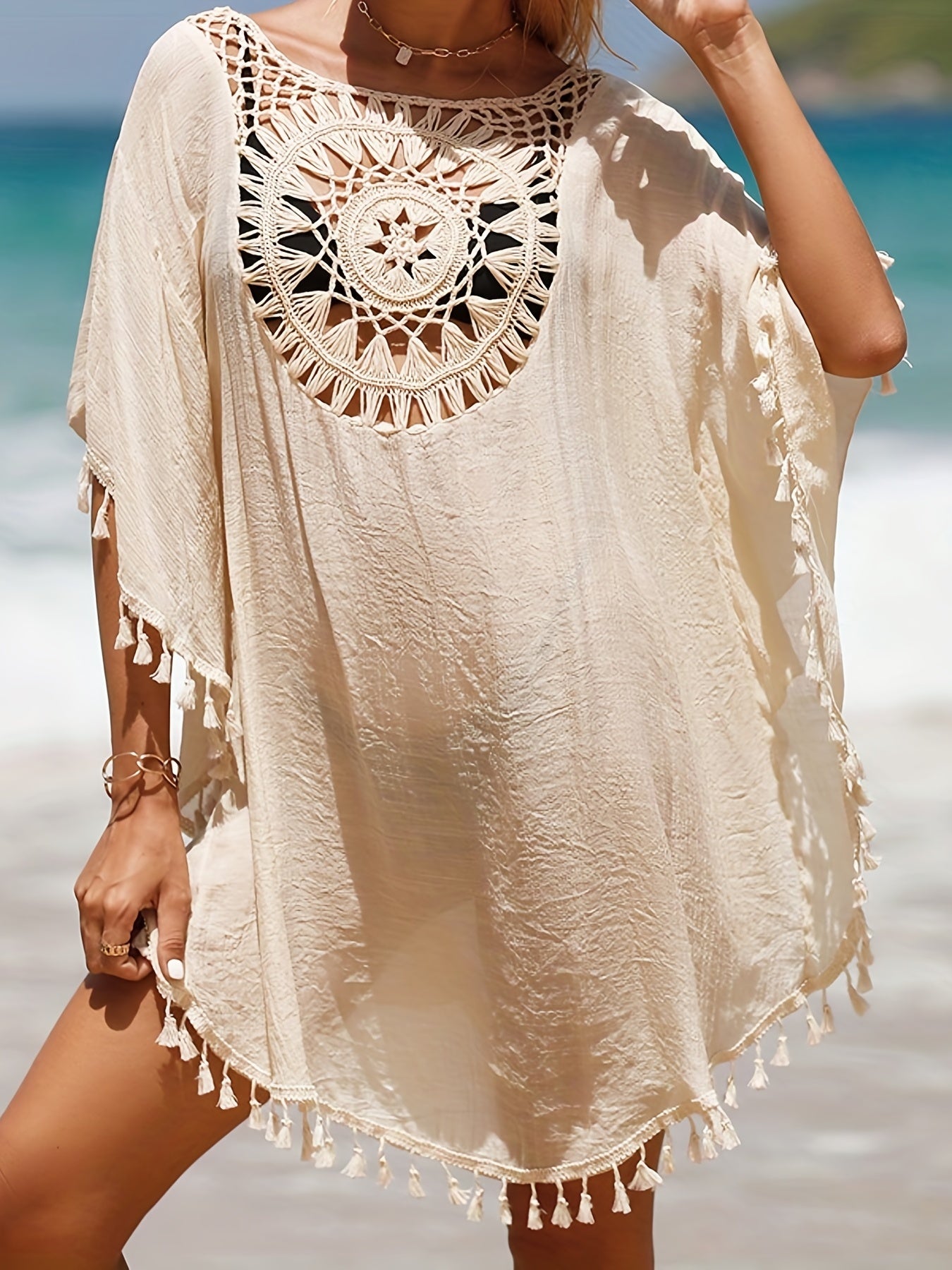 Bohemian Chic Crochet Cover Up Shirt - Round Neck, Tassel Embellished, Loose & Flowy Swimwear for Women - Perfect Festival Wear, Beach Cover Up, Carnival & Summer Holidays