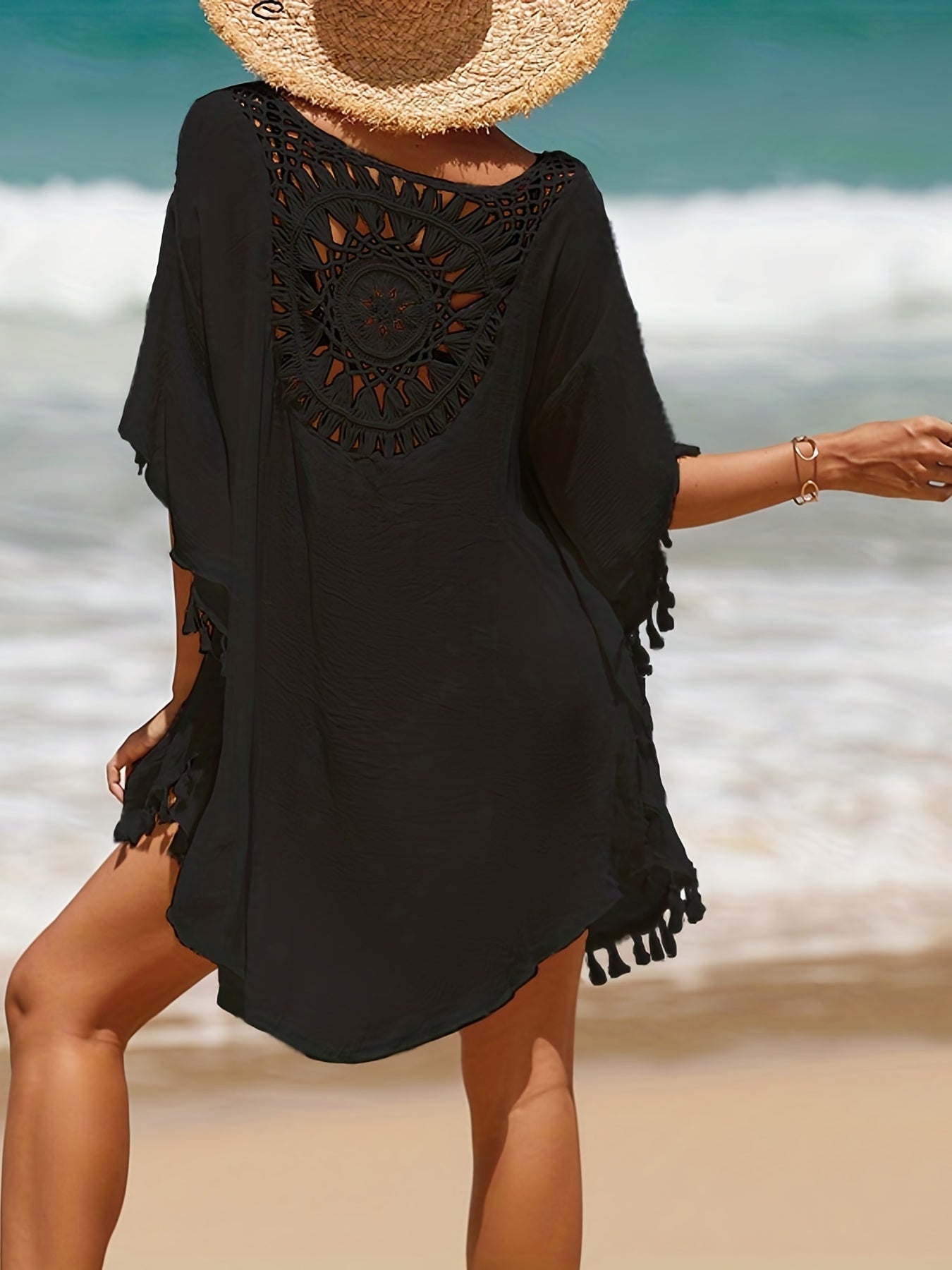 Hollow Out Crochet Tassel Trim Boho Cover Up Dress, Solid Color Batwing Sleeve Loose Beach Kaftan, Women's Swimwear & Clothing for carnival & Music Festival For Holiday