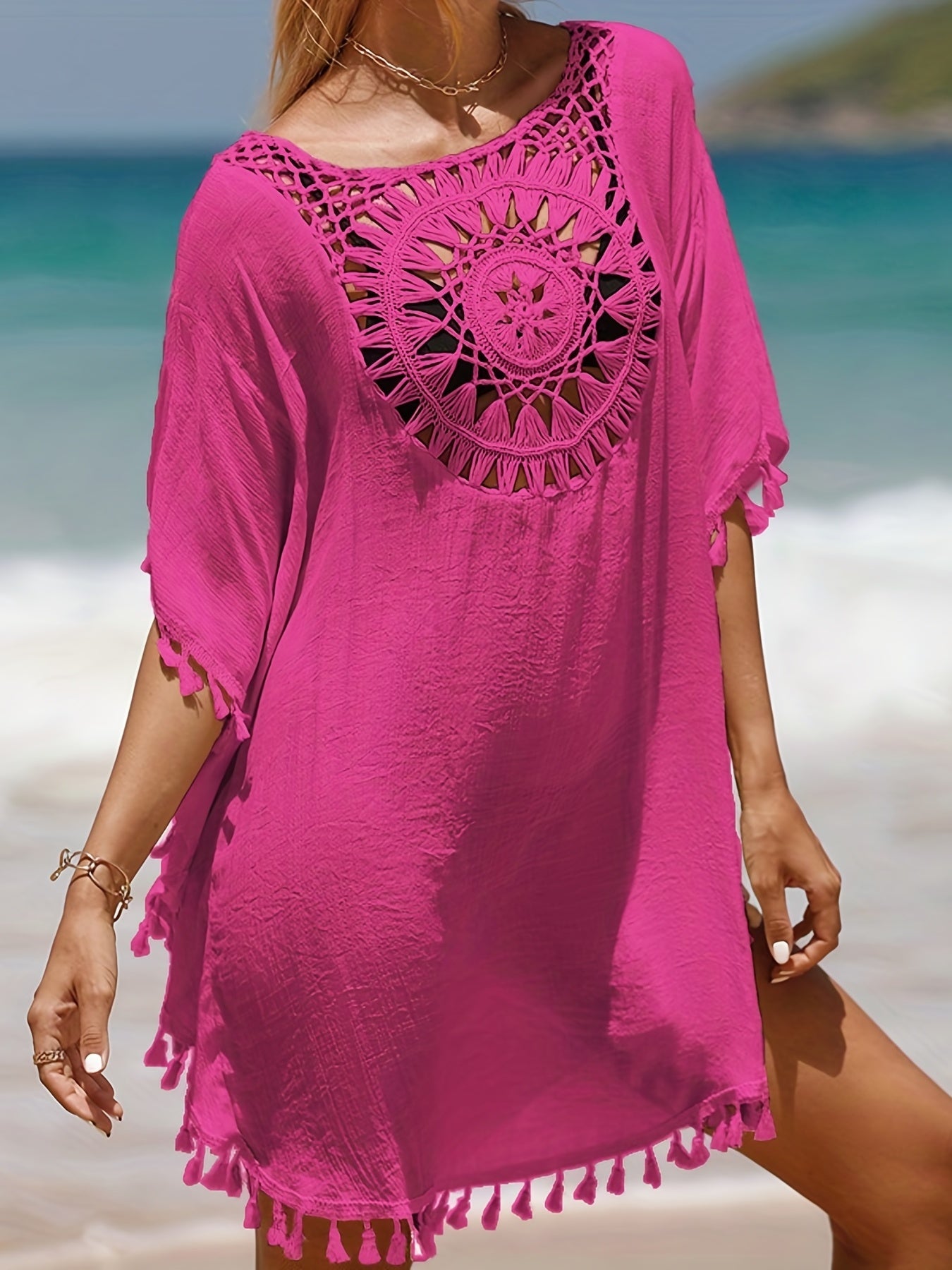 Hollow Out Crochet Tassel Trim Boho Cover Up Dress, Solid Color Batwing Sleeve Loose Beach Kaftan, Women's Swimwear & Clothing for carnival & Music Festival For Holiday