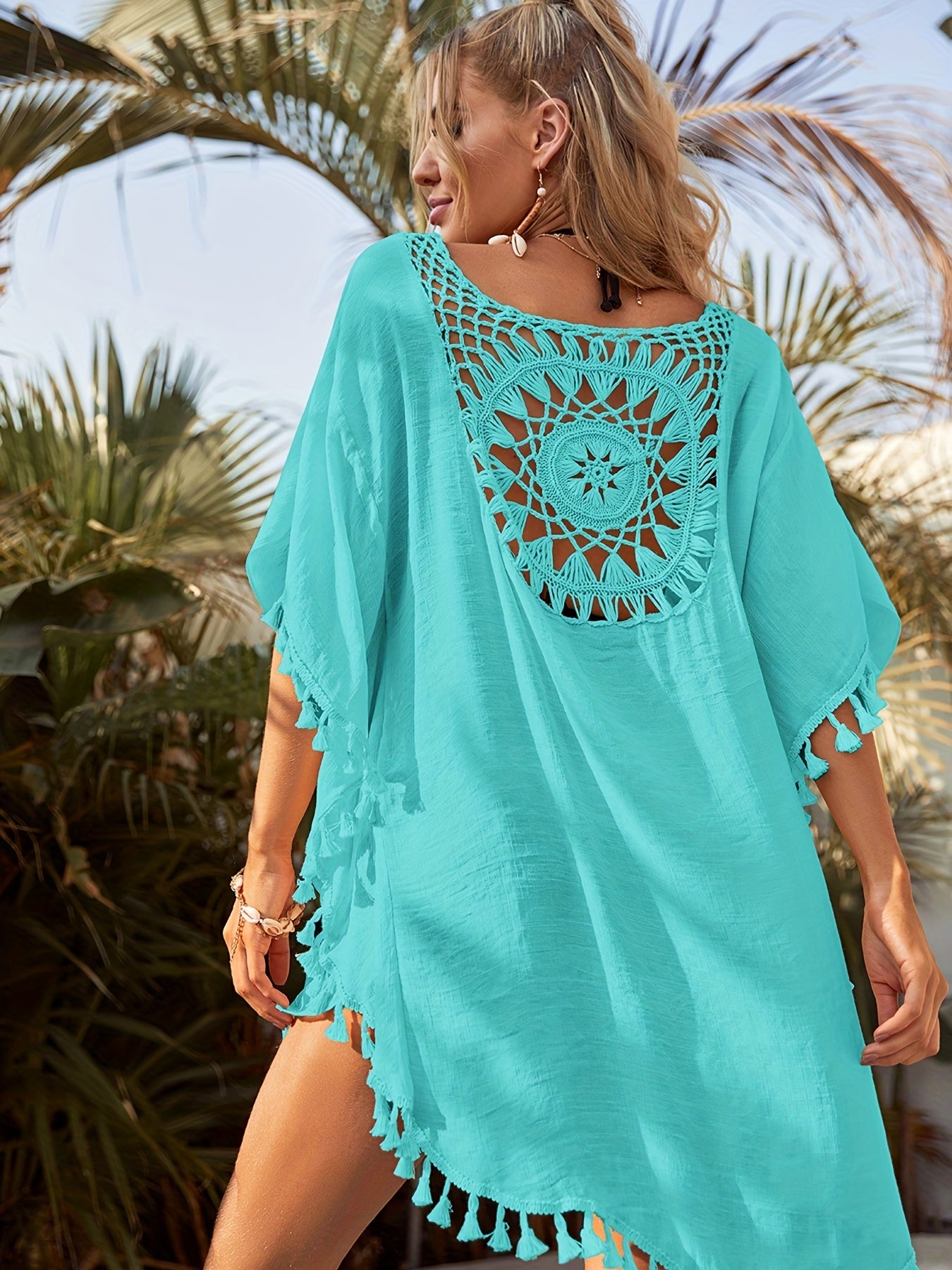 Bohemian Chic Crochet Cover Up Shirt - Round Neck, Tassel Embellished, Loose & Flowy Swimwear for Women - Perfect Festival Wear, Beach Cover Up, Carnival & Summer Holidays