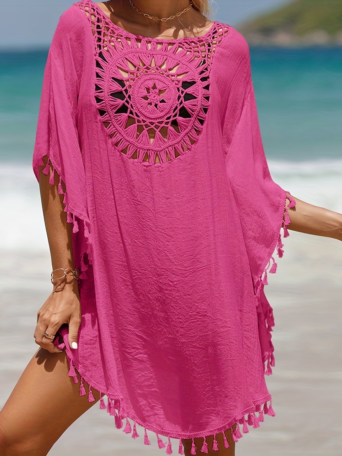 Bohemian Chic Crochet Cover Up Shirt - Round Neck, Tassel Embellished, Loose & Flowy Swimwear for Women - Perfect Festival Wear, Beach Cover Up, Carnival & Summer Holidays